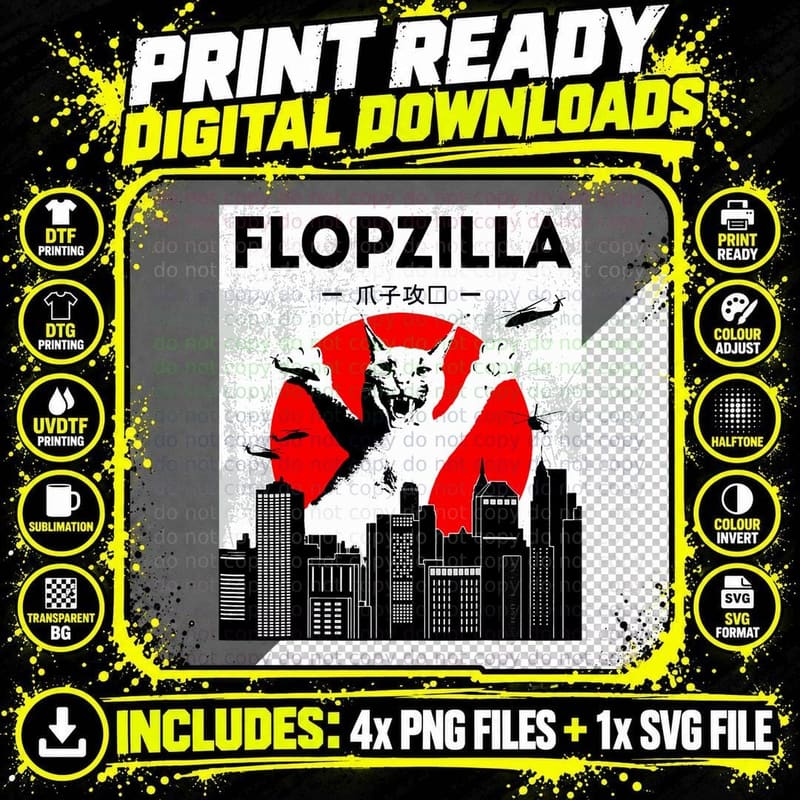 Catzilla Funny Big Floppa Meme Flopzilla Caracal Cat Png SVG Digital Bundle