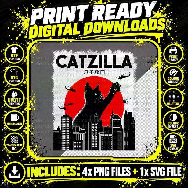 Catzilla Funny Cat Shirt, Funny Cat T-Shirt Png SVG Digital Bundle