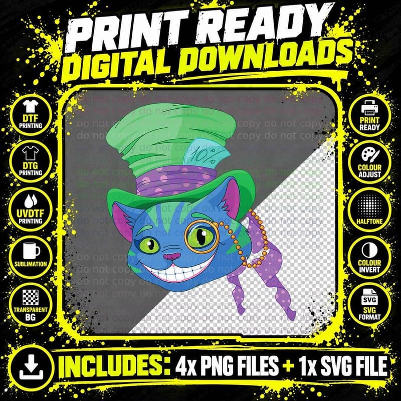 Cheshire Cat Grinning in Mad Hatter Top Hat and Monocle Png SVG Digital Bundle