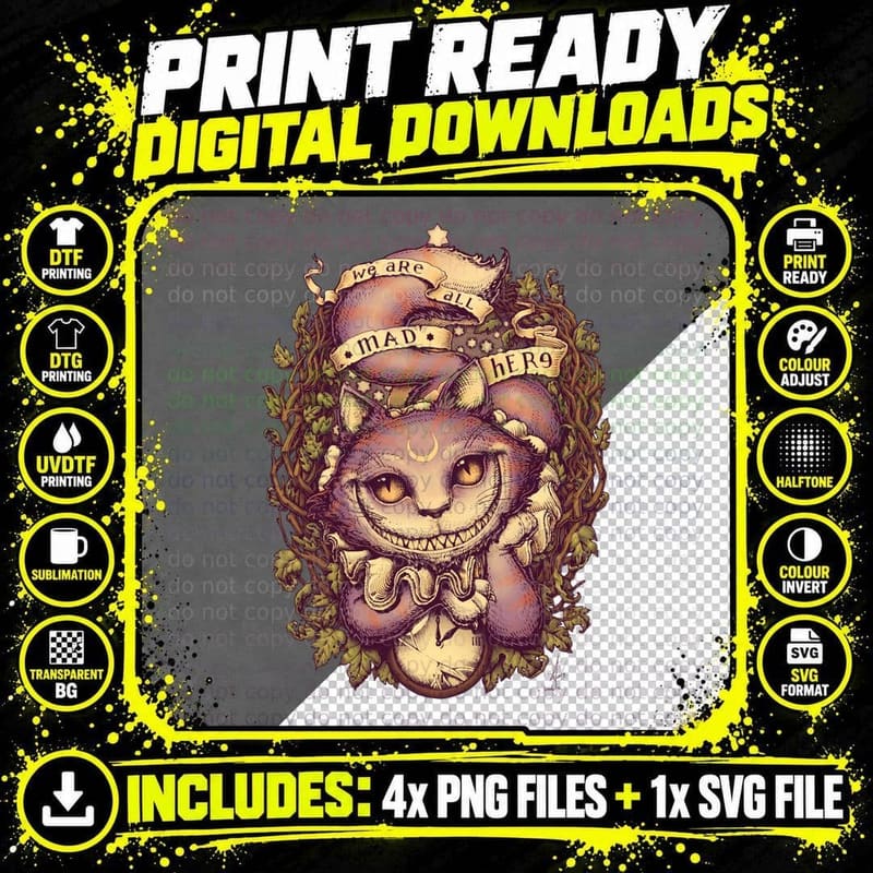 Cheshire Cat T-Shirt, Alice in Wonderland Print Png SVG Digital Bundle