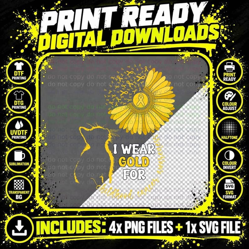 Childhood Cancer Awareness Cat Ribbon T-Shirt Png SVG Digital Bundle