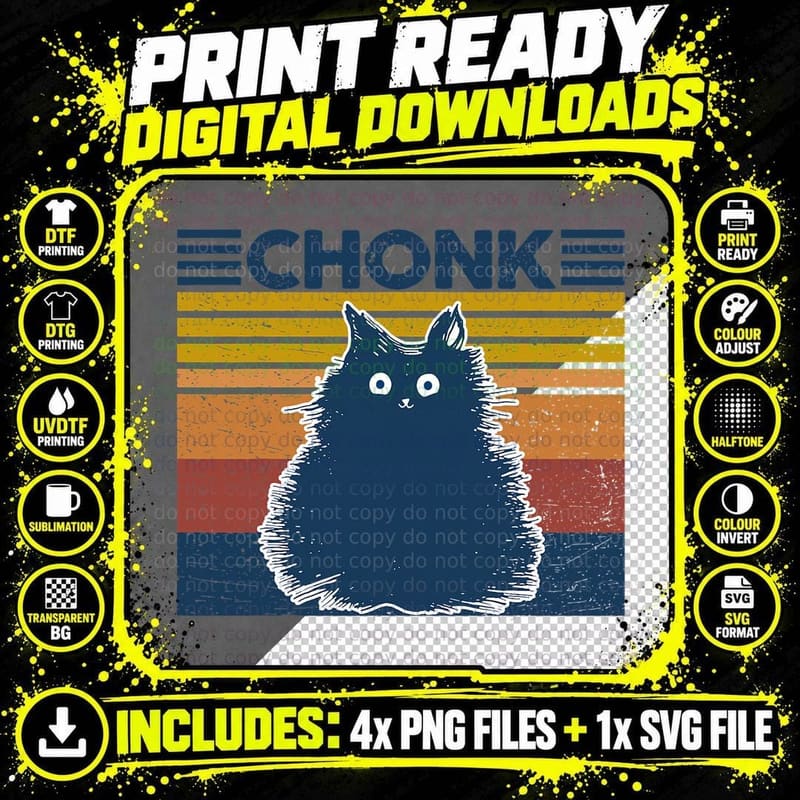 Chonk Cat T-Shirt, Vintage Retro Style, Pet Lover Apparel Png SVG Digital Bundle