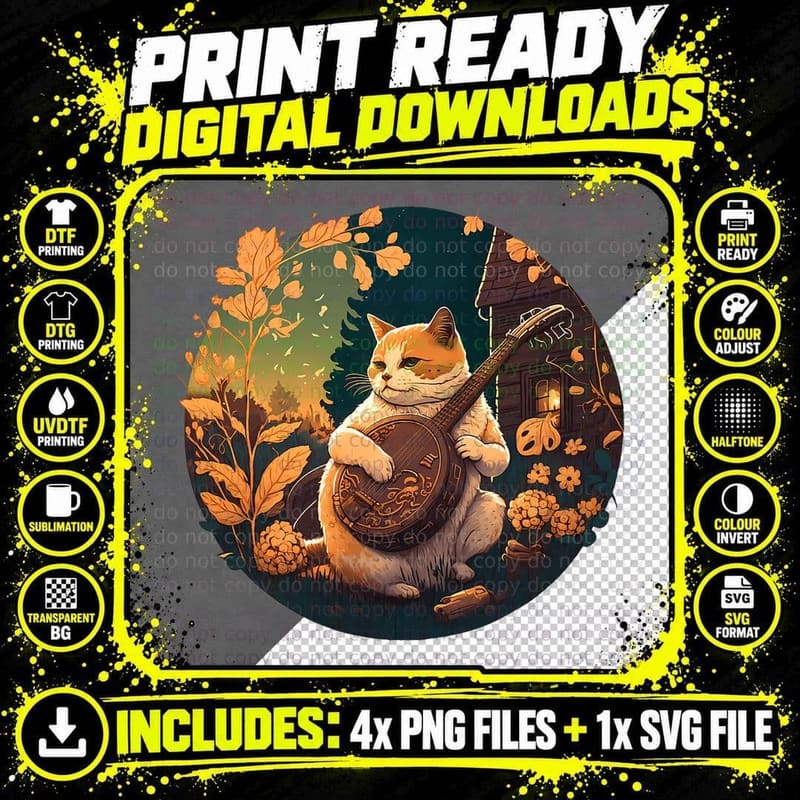 Chubby Cat Playing Banjo T-Shirt, Cottagecore Aesthetic Png SVG Digital Bundle