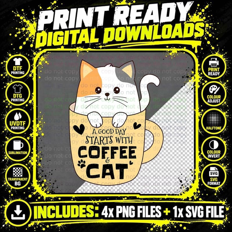 Coffee & Cat Mug T-Shirt, Cat Mom Dad Gift Png SVG Digital Bundle