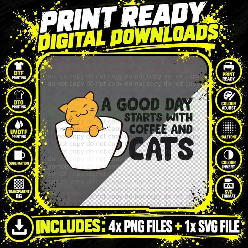 Coffee and Cats T-Shirt, Coffee Lovers Apparel Png SVG Digital Bundle