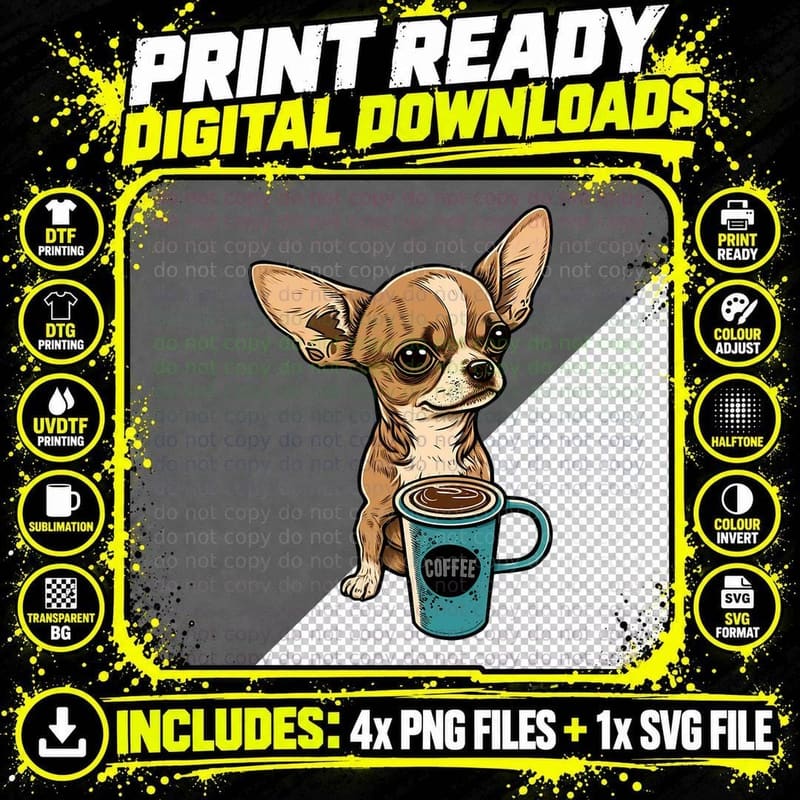 Coffee and Chihuahua Graphic T-Shirt Png SVG Digital Bundle