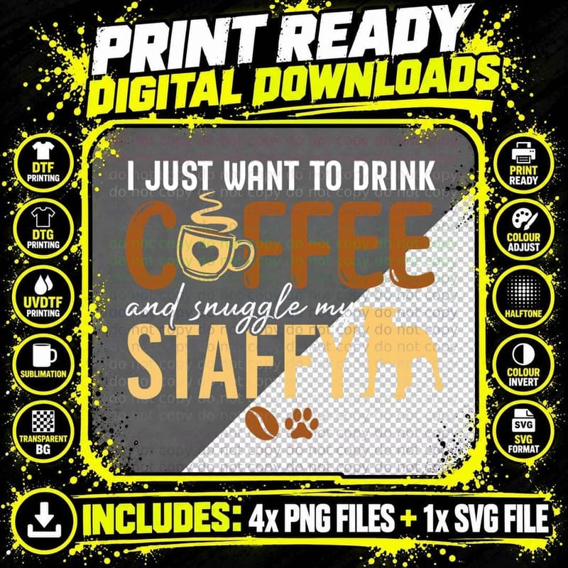 Coffee and Staffy Dog T-Shirt, Coffee Lover Apparel Png SVG Digital Bundle