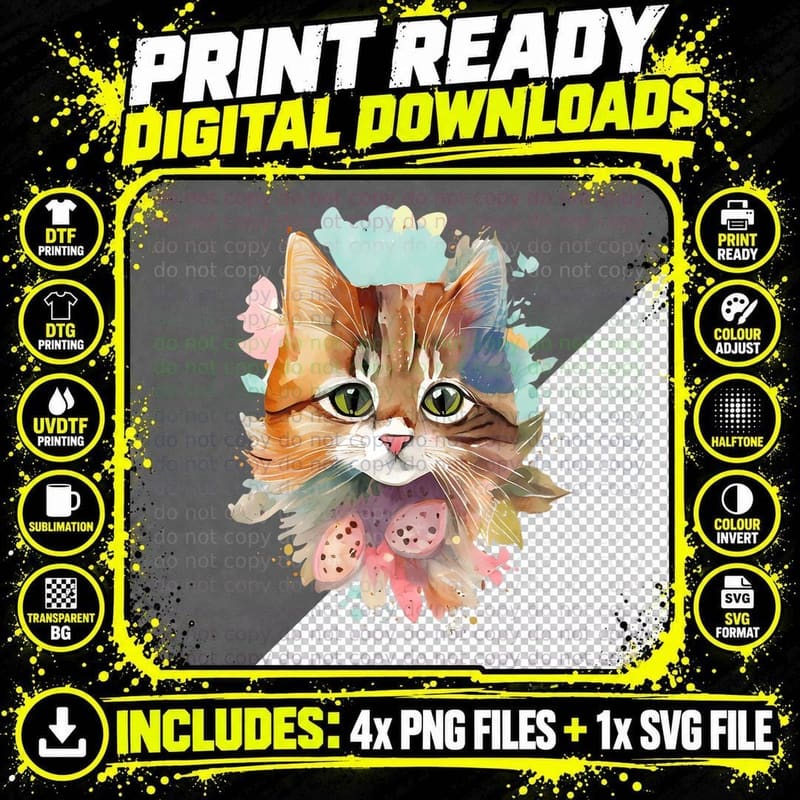 Colorful Art Kitty Adoption T-Shirt, Whimsical Cat Print Png SVG Digital Bundle