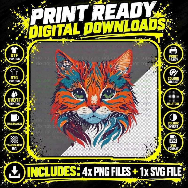 Colorful Cat Graphic T-Shirt, Pet Lover Apparel Png SVG Digital Bundle