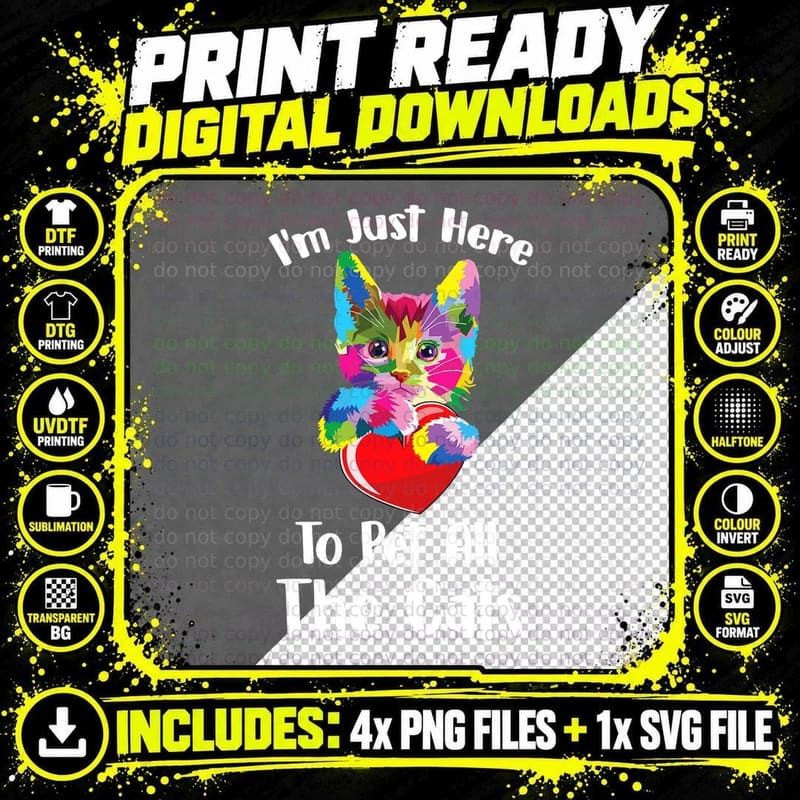 Colorful Cat Pet Lovers T-Shirt, Whimsical Art Print Png SVG Digital Bundle