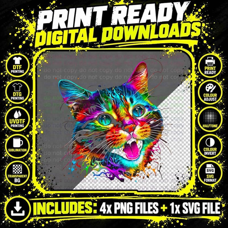 Colorful Cat T-Shirt, Bright Splash Art Png SVG Digital Bundle