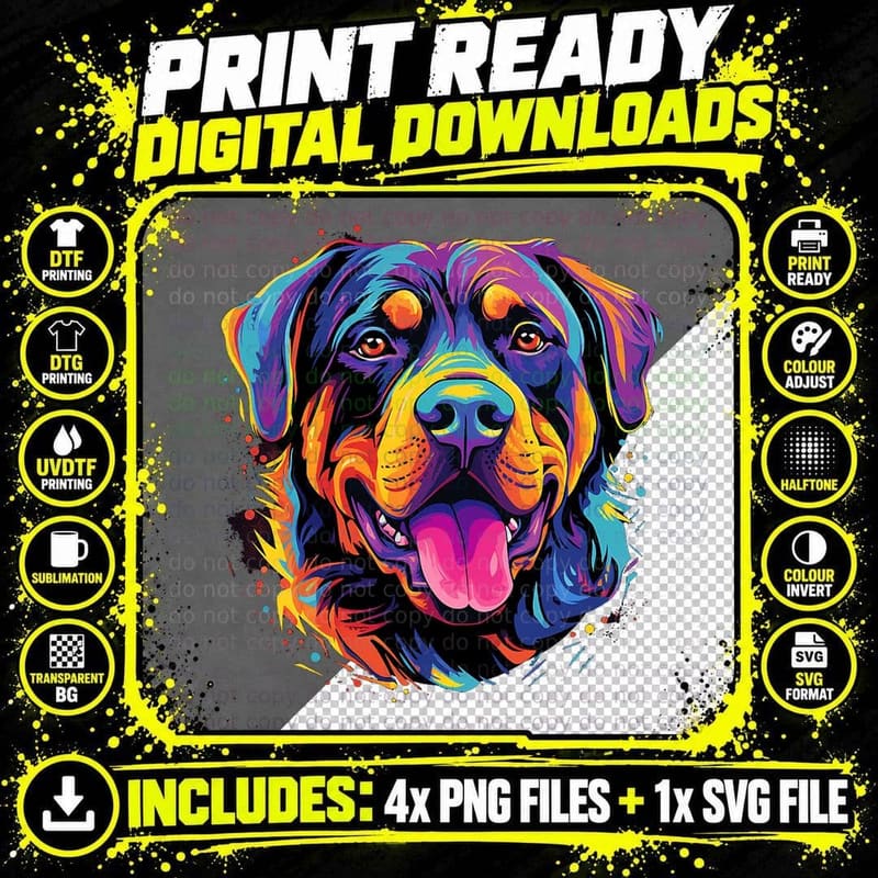 Colorful Dog Portrait T-Shirt, Pop Art Style Png SVG Digital Bundle