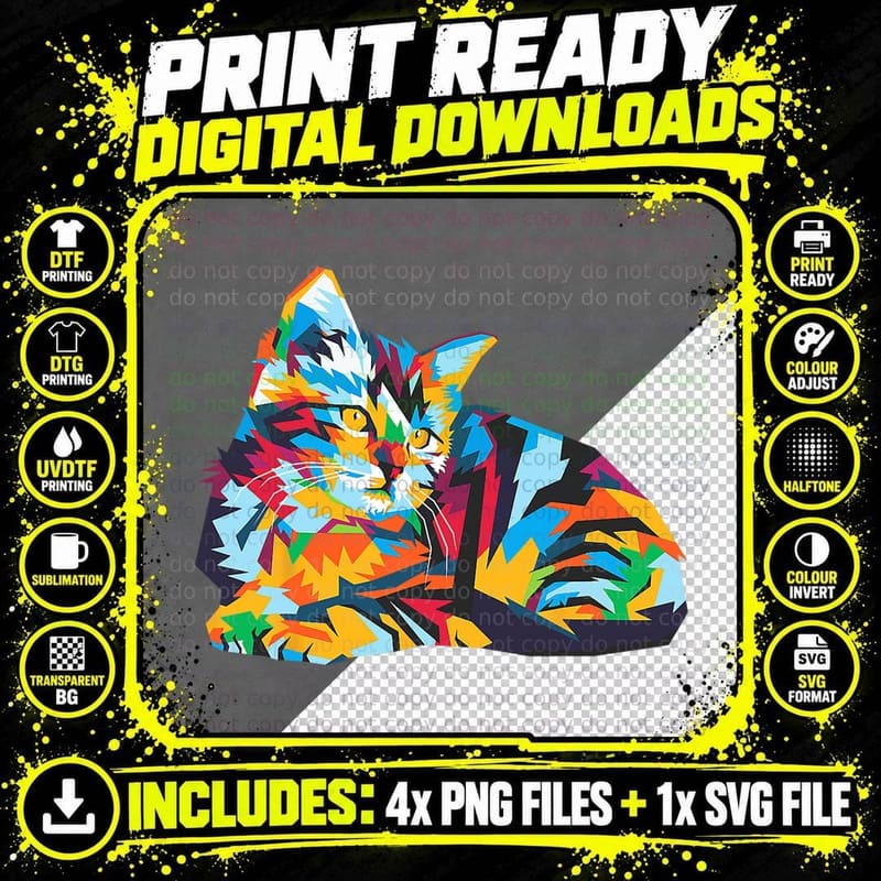 Colorful Geometric Cat T-Shirt, Artistic Print Png SVG Digital Bundle