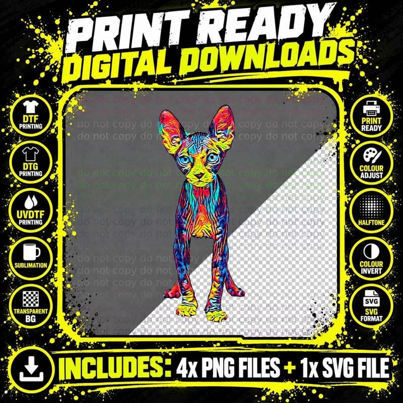 Colorful Sphynx Cat T-Shirt, Pop Art Style Png SVG Digital Bundle