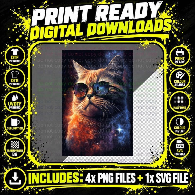 Cool Cat with Sunglasses Galaxy Space T-Shirt Png SVG Digital Bundle