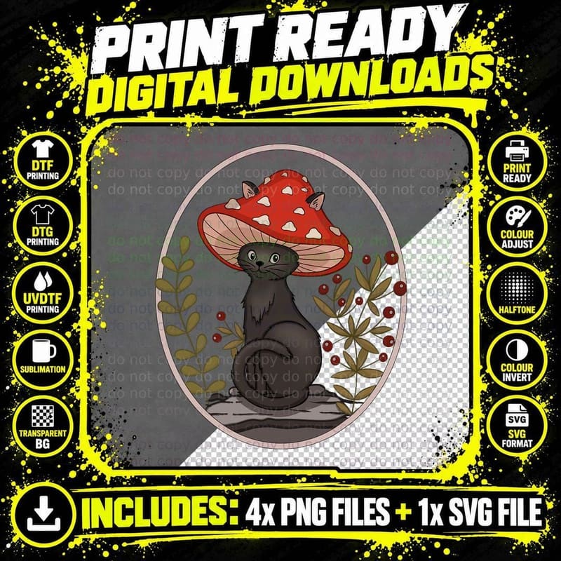 Cottagecore Cat Mushroom T-Shirt, Whimsical Forest Png SVG Digital Bundle
