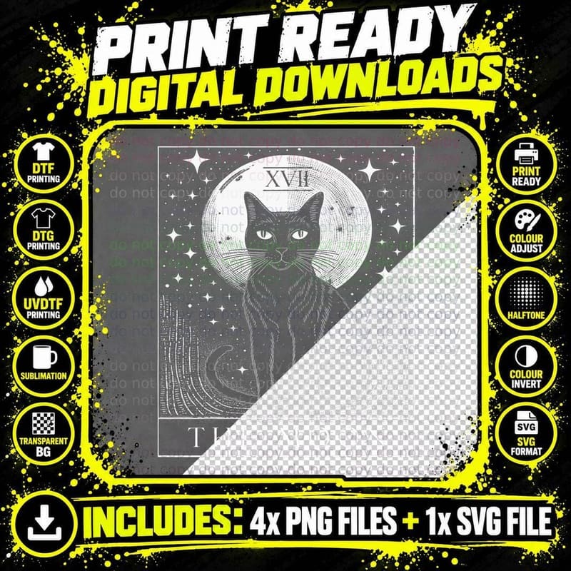 Crescent Moon Tarot Cat T-Shirt, Occult Art Png SVG Digital Bundle