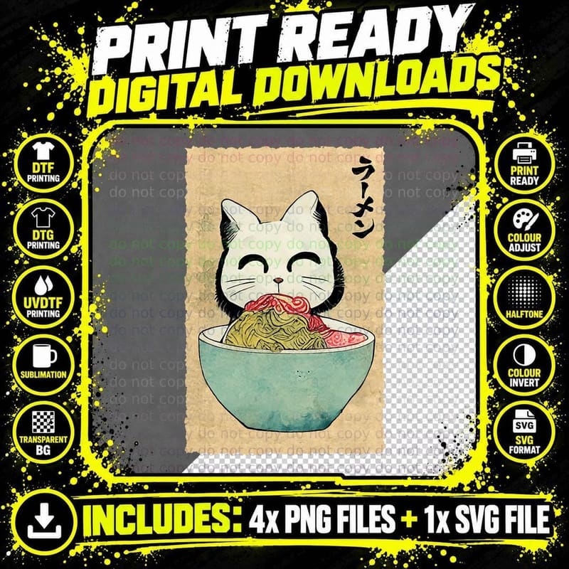 Cute Cat Eating Ramen Noodles Ukiyo-E Style T-Shirt Png SVG Digital Bundle