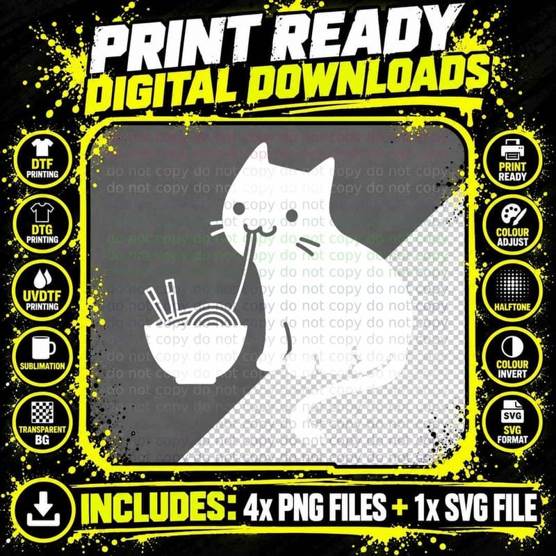 Cute Cat Eating Ramen T-Shirt Png SVG Digital Bundle