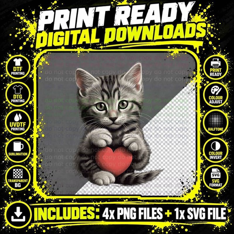 Cute Cat Holding Heart T-Shirt, Kitten Art Print Png SVG Digital Bundle