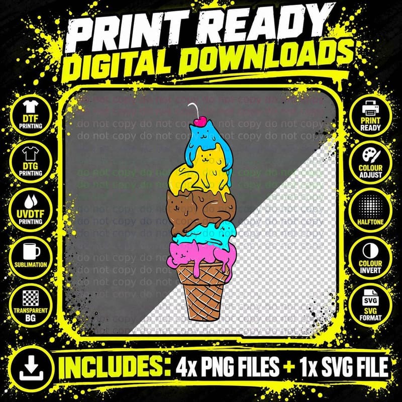 Cute Cat Ice Cream T-Shirt, Whimsical Kitty Print Png SVG Digital Bundle