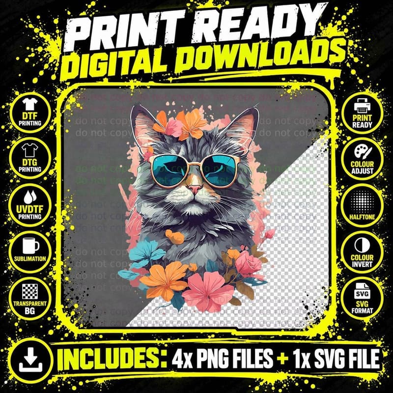 Cute Cat Sunglasses Floral T-Shirt, Pet Lover Apparel Png SVG Digital Bundle