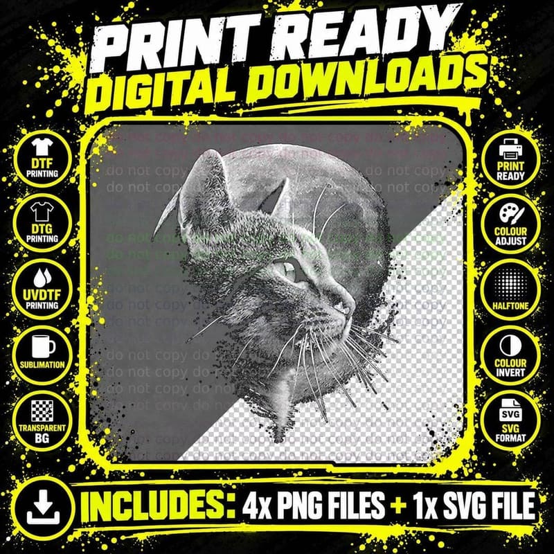 Cute Cat with Moon T-Shirt, Whimsical Cat Design Png SVG Digital Bundle