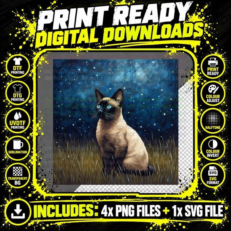 Cute Siamese Cat in a Starry Sky Night Painting T-Shirt Png SVG Digital Bundle