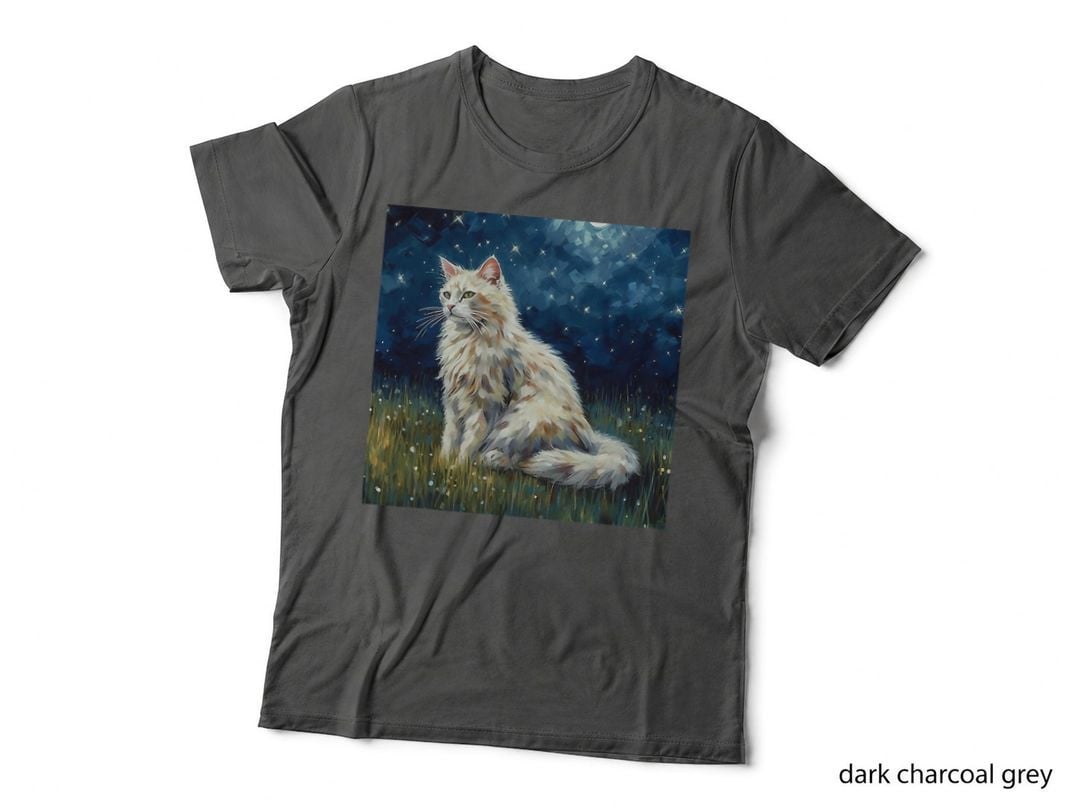 Cute Turkish Angora Cat in a Starry Sky Night Painting T-Shirt