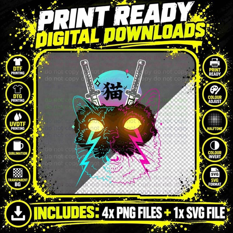 Cyberpunk Cat Kitten Japanese Retro Vaporwave Cats Png SVG Digital Bundle