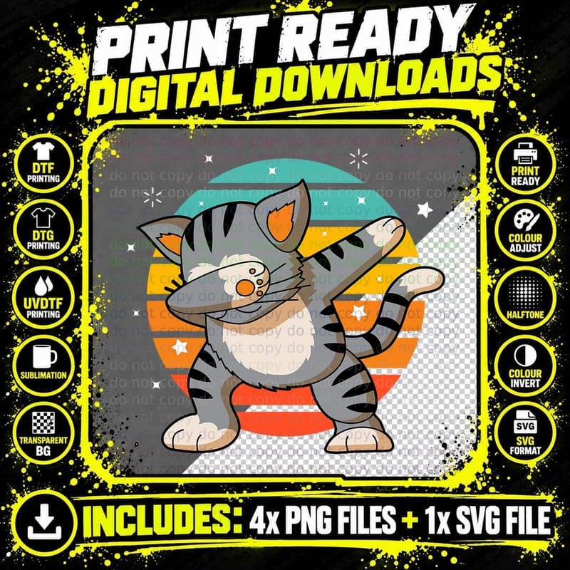 Dabbing Cat T-Shirt, Funny Dabbing Cat Design Png SVG Digital Bundle