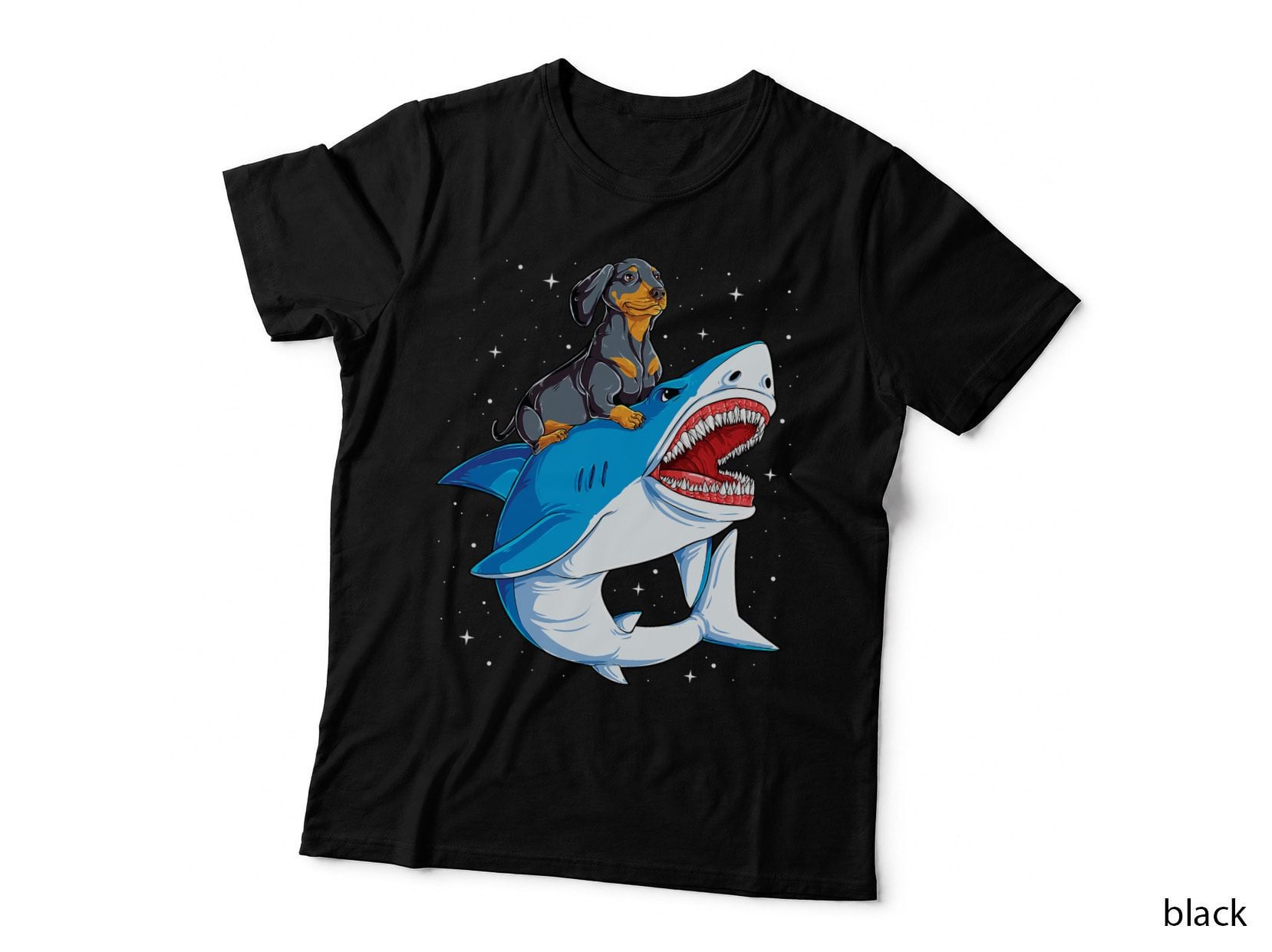 Dachshund Riding Shark T-Shirt, Funny Animal Art, Pet Lover Apparel