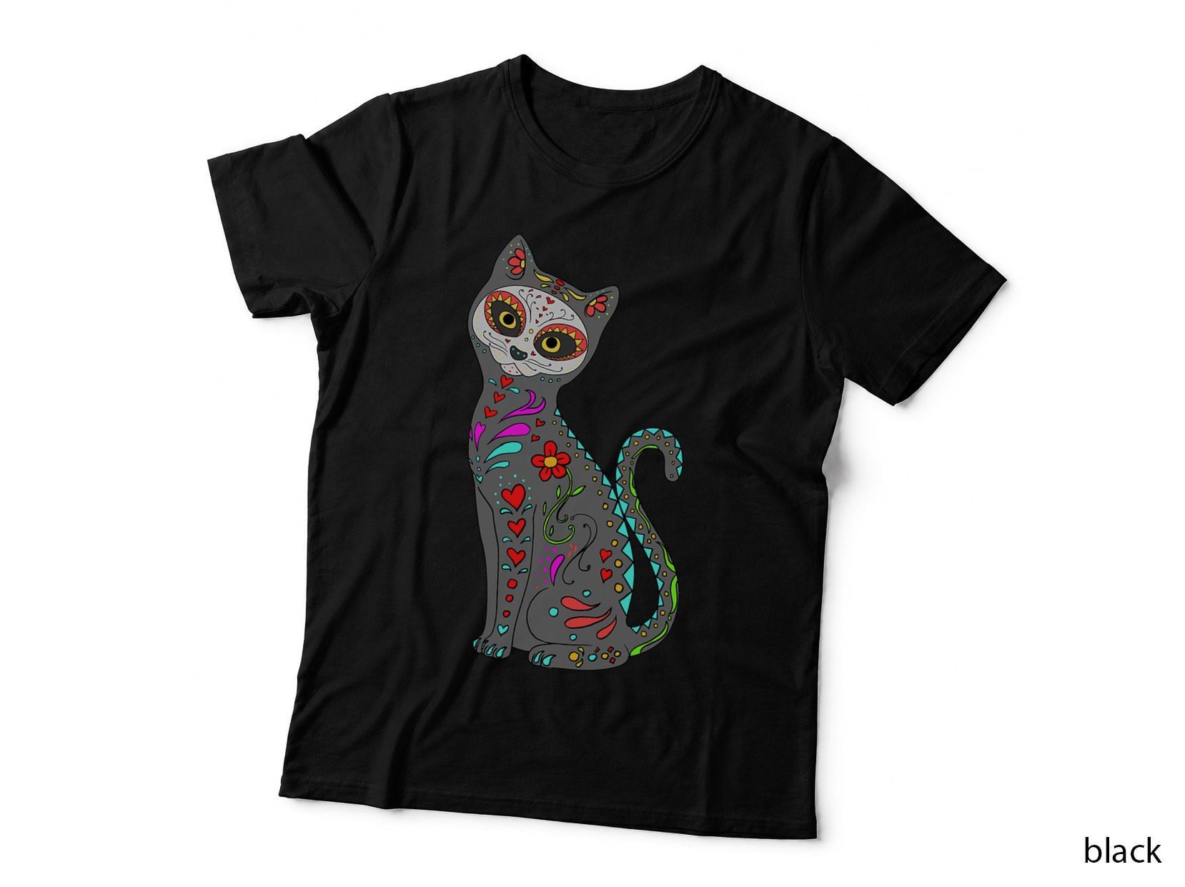 Day of Dead Cat T-Shirt, Sugar Skull Style, Cat Lover Apparel