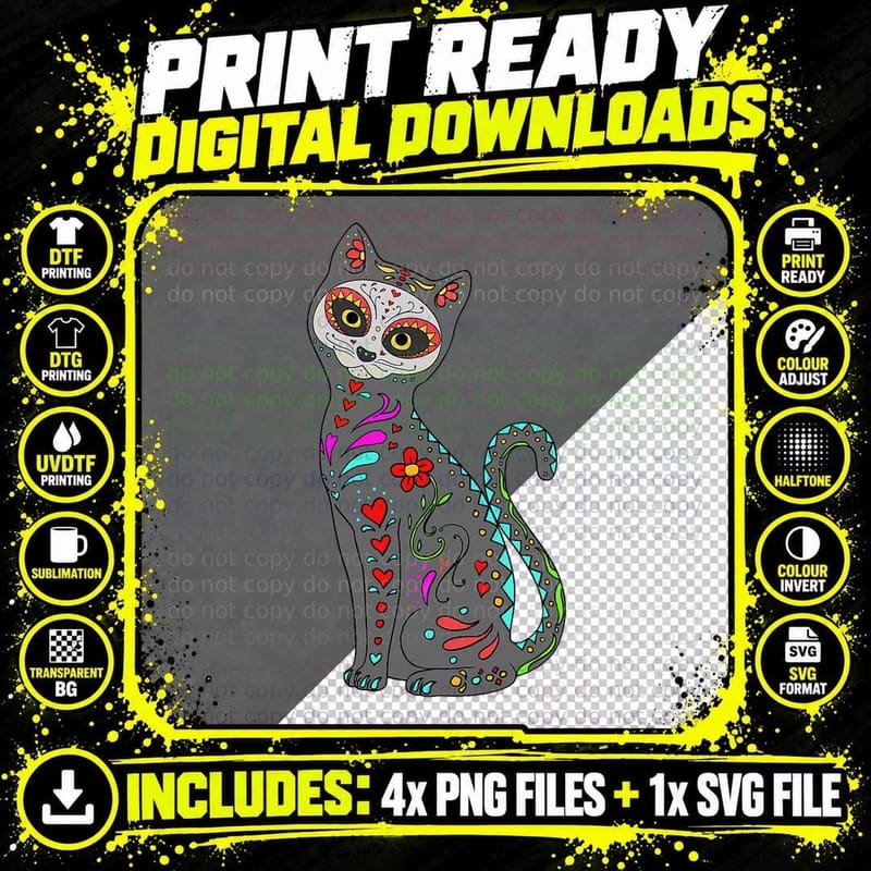 Day of Dead Cat T-Shirt, Sugar Skull Style Png SVG Digital Bundle