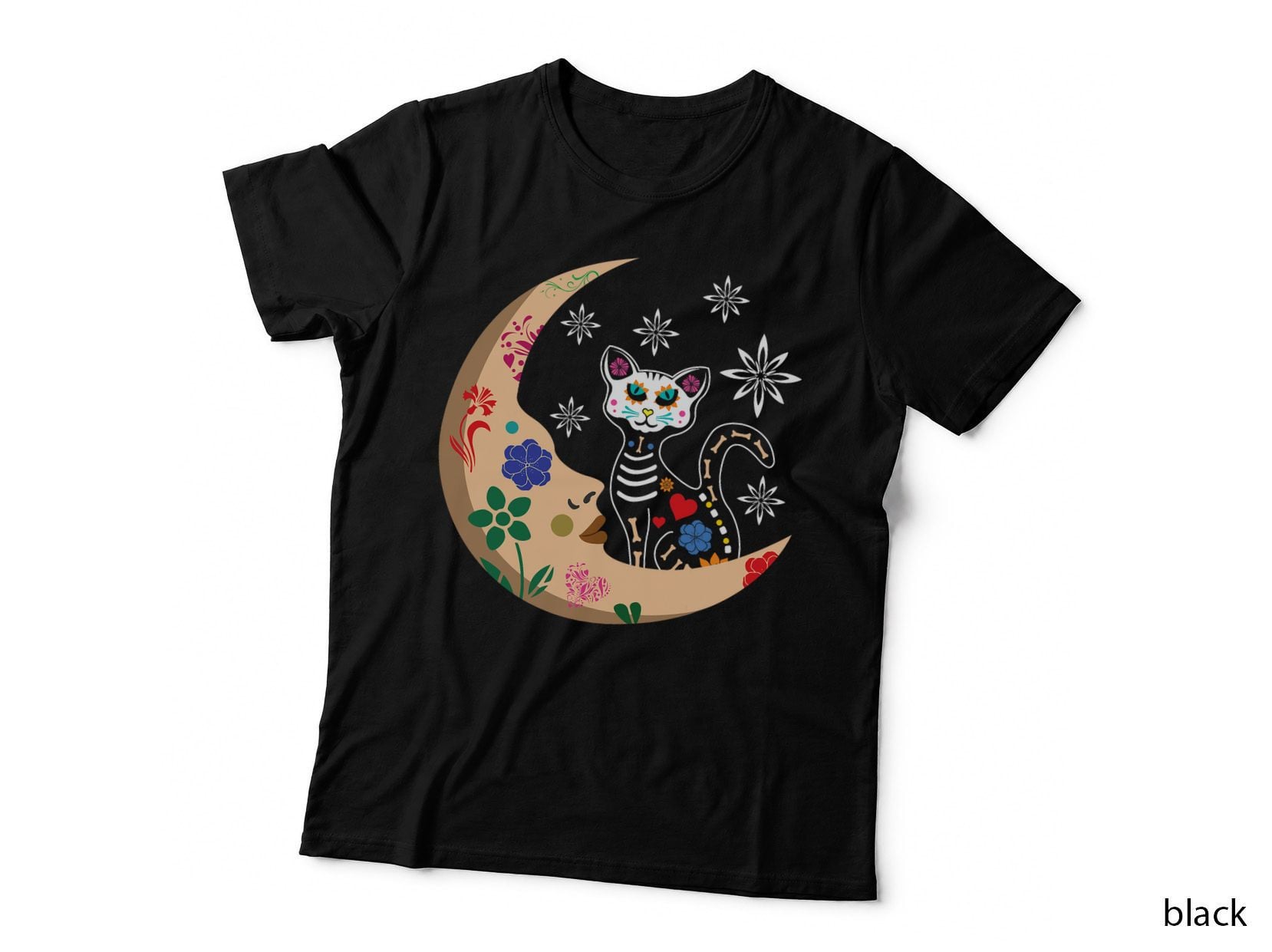 Day of the Dead Cat Moon T-Shirt, Sugar Skull Floral Print