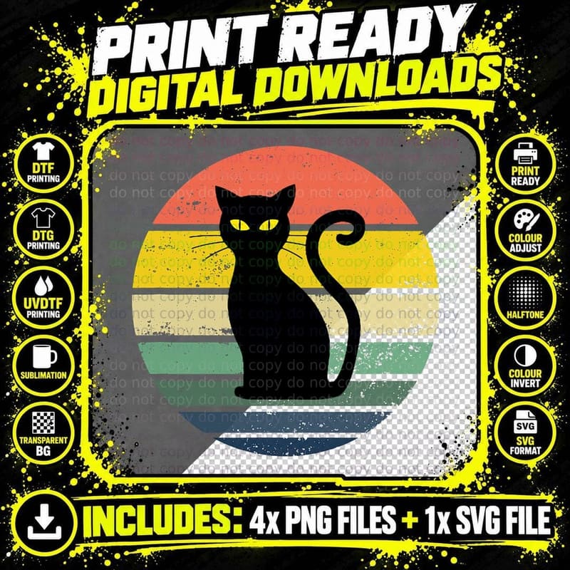 Distressed Retro Sunset Black Cat T-Shirt Png SVG Digital Bundle