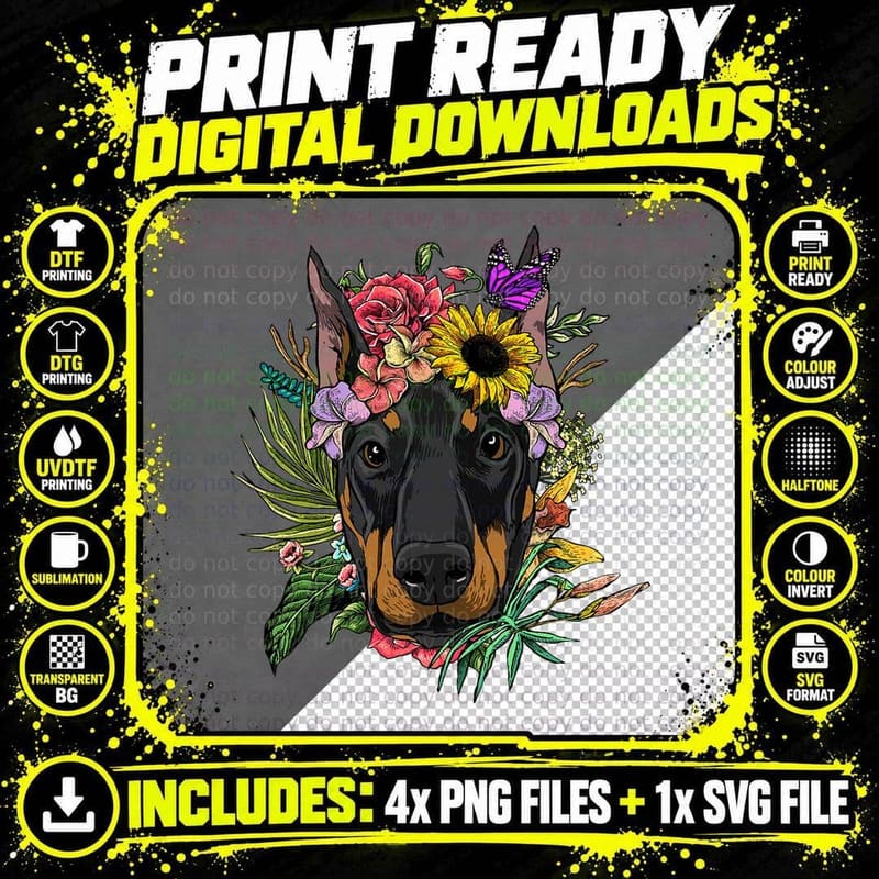 Doberman Pinscher Floral Crown T-Shirt Png SVG Digital Bundle