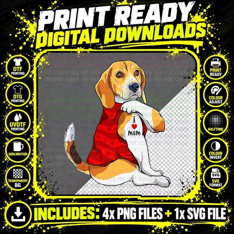 Dog Mom Beagle T-Shirt, Love Mom Tattoo Design Png SVG Digital Bundle
