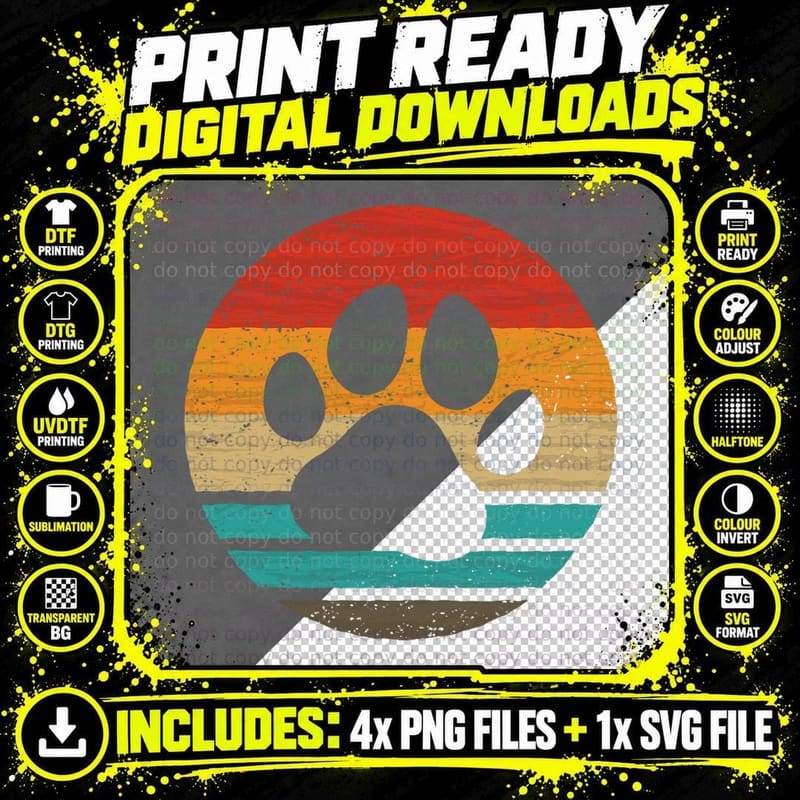Dog Paw Retro Style Vintage T-Shirt Png SVG Digital Bundle