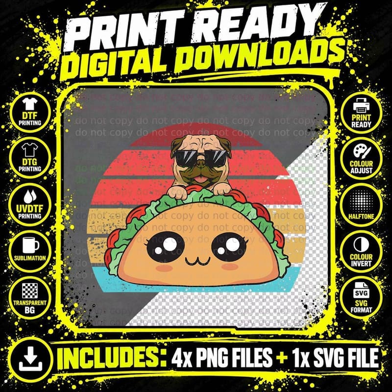 Dog and Taco Pug T-Shirt, Funny Animal Art Png SVG Digital Bundle