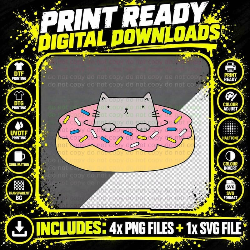 Donut Cat T-Shirt, Whimsical Food Art, Cat Lover Apparel Png SVG Digital Bundle