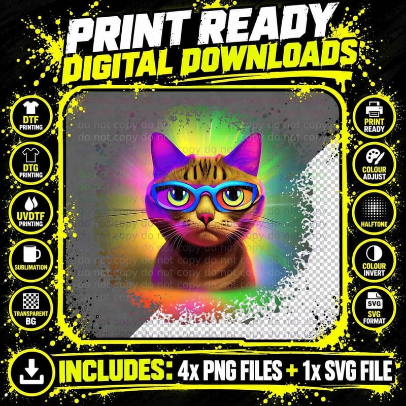 Dreamy Disco Rainbow Cat Wearing Glasses T-Shirt Png SVG Digital Bundle