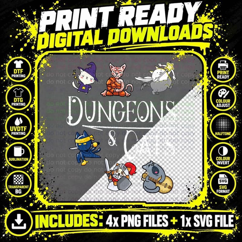 Dungeons & Cats Funny Dragon Cat Kitten T-Shirt Png SVG Digital Bundle