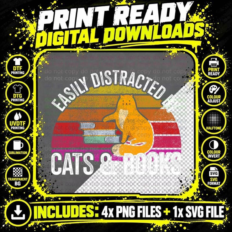 Easily Distracted by Cats & Books T-Shirt, Vintage Retro Png SVG Digital Bundle