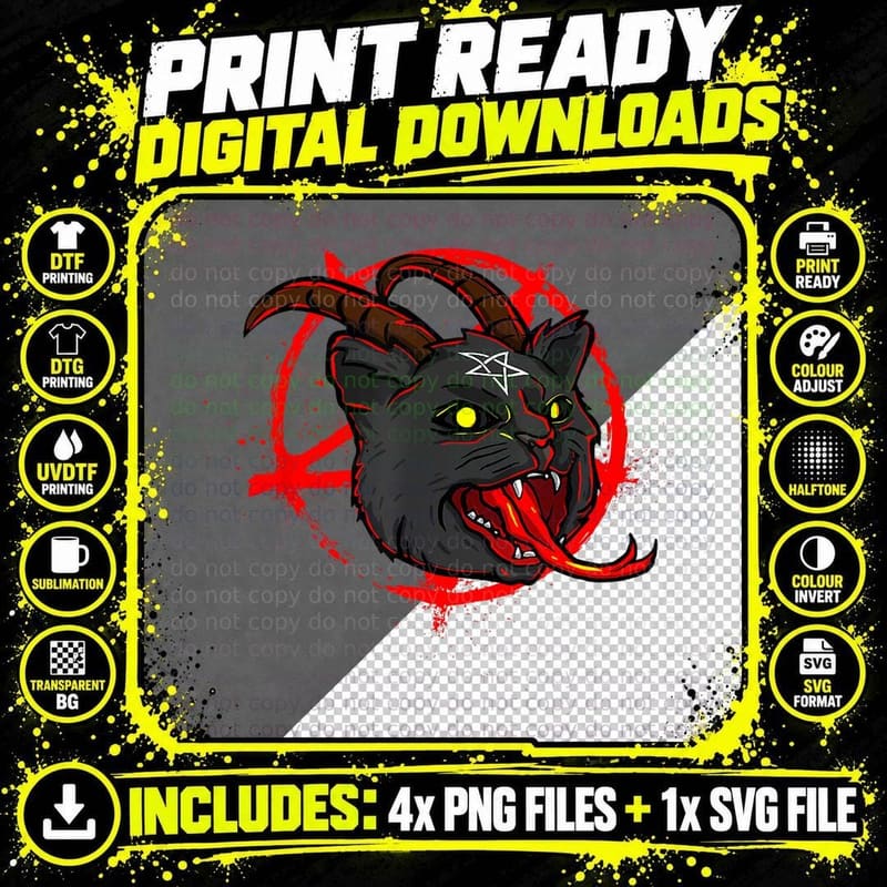 Evil 666 Devil Cat Occult Satanic T-Shirt, Occult Art Png SVG Digital Bundle