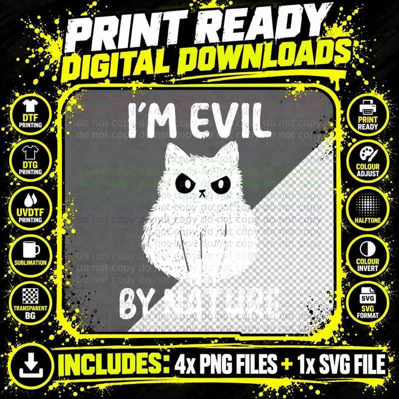 Evil Cat T-Shirt, Funny Sarcasm, Pet Lover Apparel Png SVG Digital Bundle