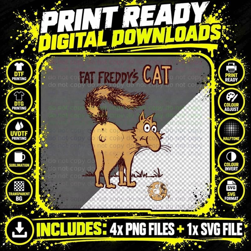 Fat Freddy's Cat T-Shirt, Feline Fandom Apparel Png SVG Digital Bundle