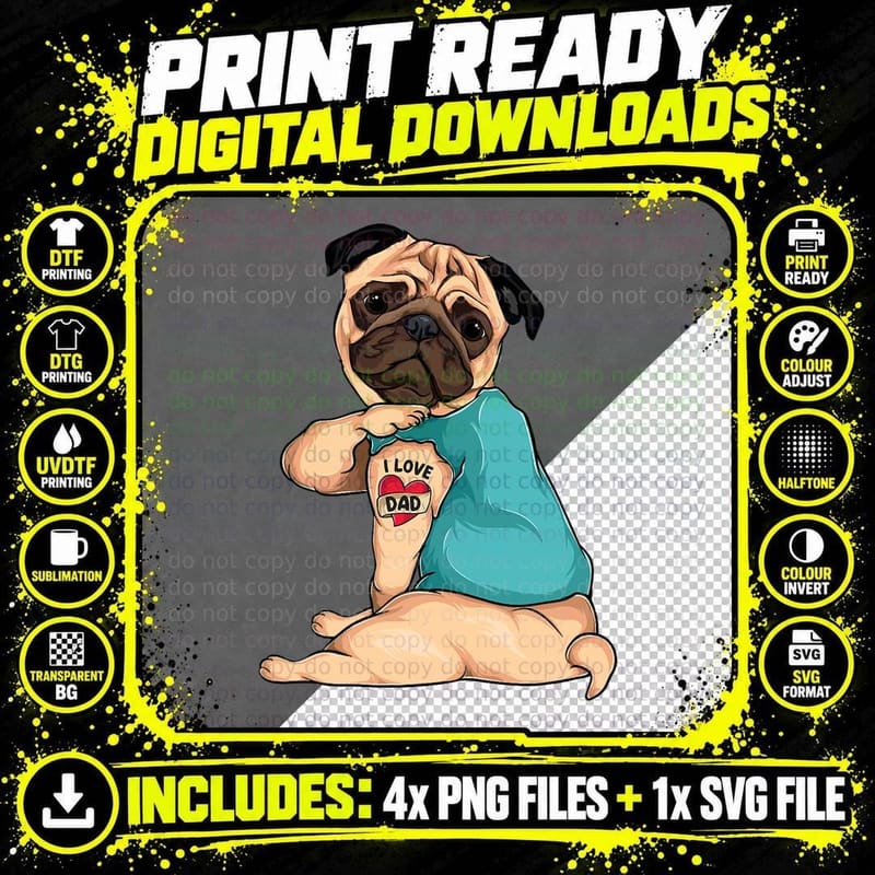 Father's Day Pug Dad Tattoo T-Shirt, Funny Dog Design Png SVG Digital Bundle