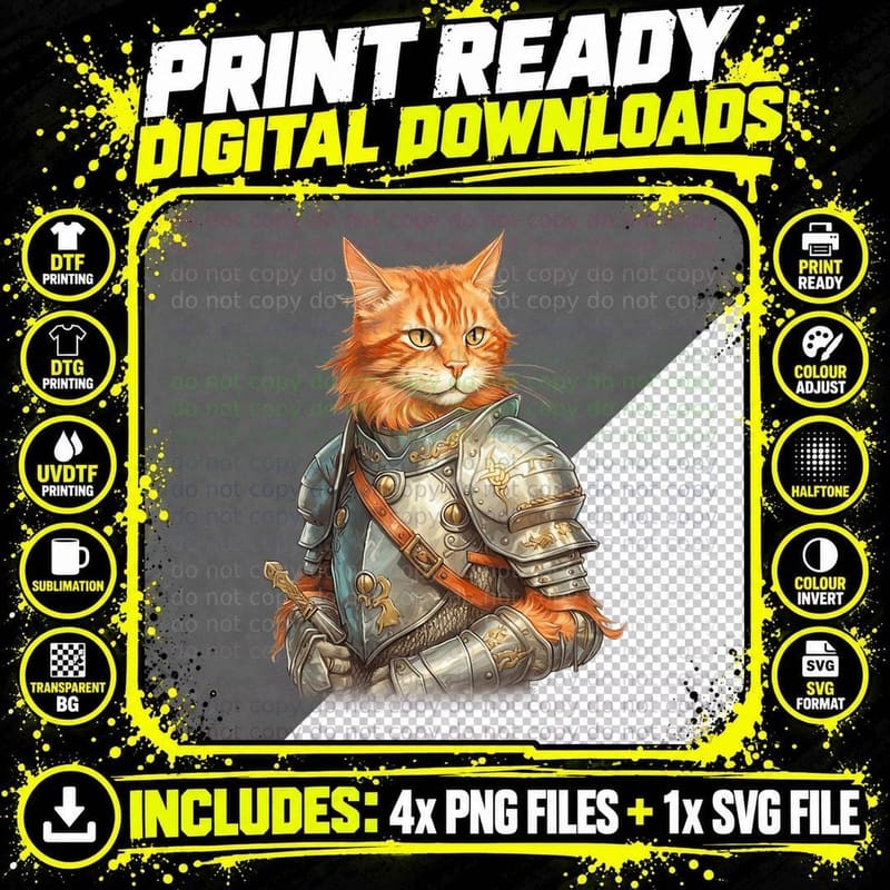 Feline Knight Templar the Crusader Cat T-Shirt Png SVG Digital Bundle