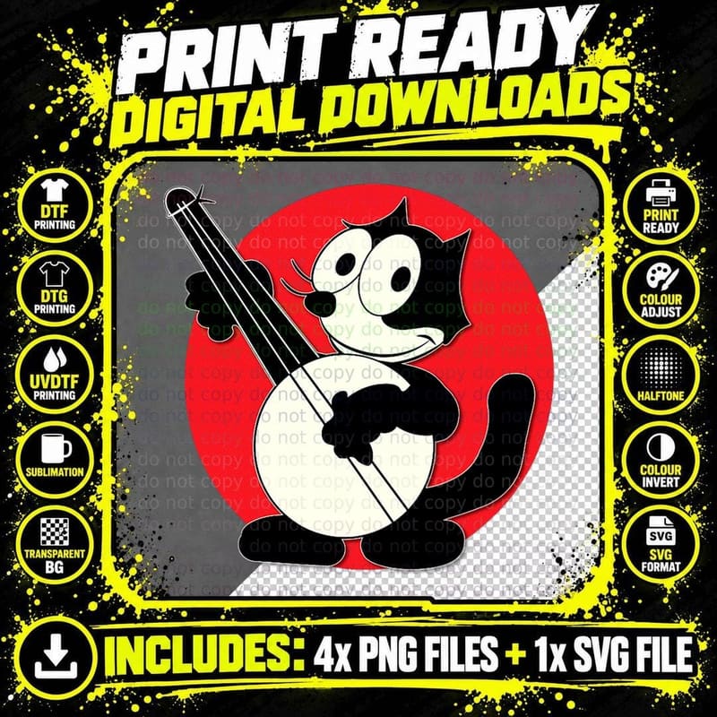 Felix Cat Plays Banjo Vintage Cartoon Retro Graphic Tee Png SVG Digital Bundle